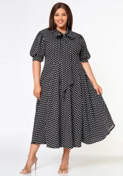 Plus Size Polka Dot Print Bow Collar Flare Dress